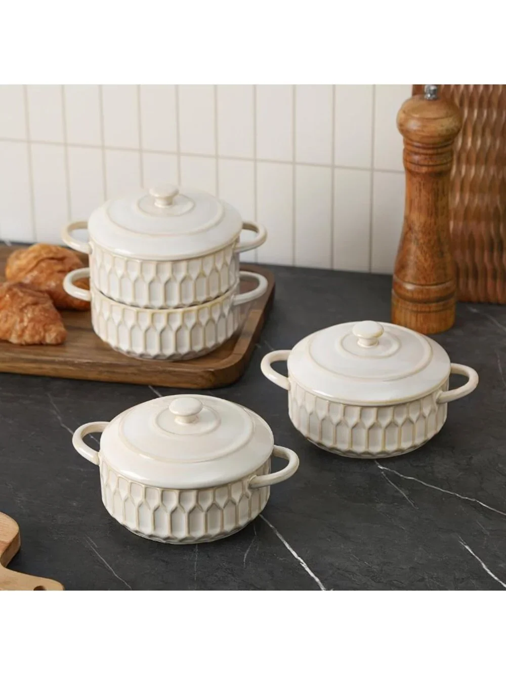 Set of 4 Mini Cocotte Baking Dishes with Lids | Ceramic Casseroles for Soufflé